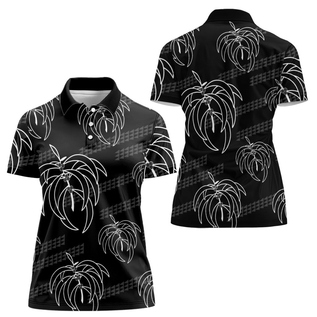 Aloha Hawaii Acacia Koa Leaves Women Polo Shirt Black Kakau Tribal Pattern