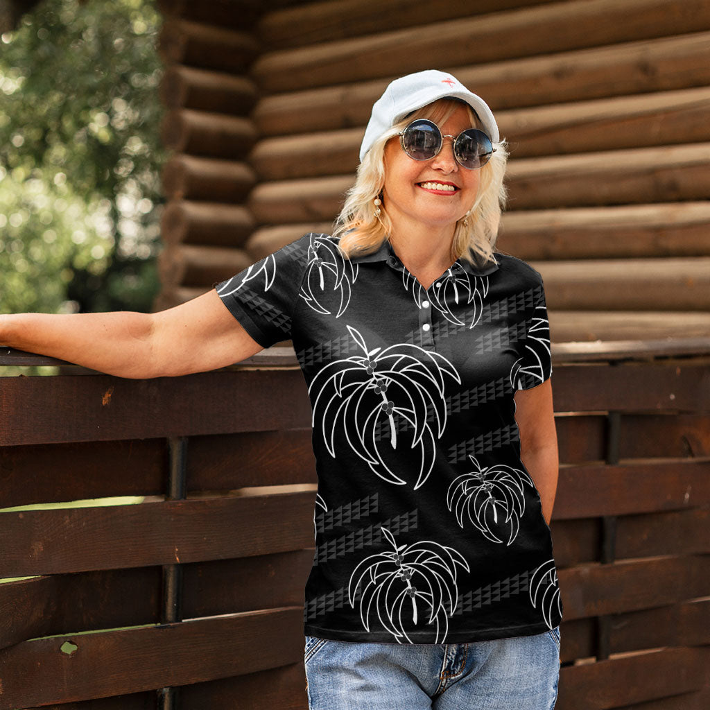Aloha Hawaii Acacia Koa Leaves Women Polo Shirt Black Kakau Tribal Pattern