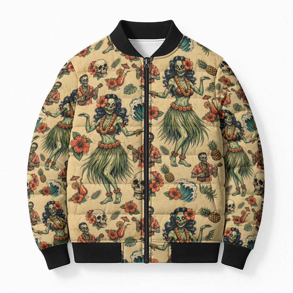 Hawaii Halloween Bomber Puffer Jacket Spooky Tropical Hula Zombie