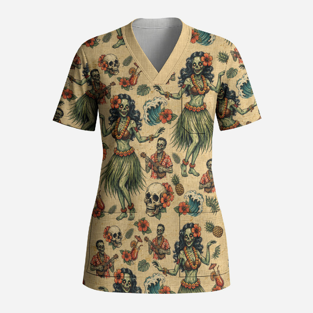 Hawaii Halloween Scrub Top Spooky Tropical Hula Zombie