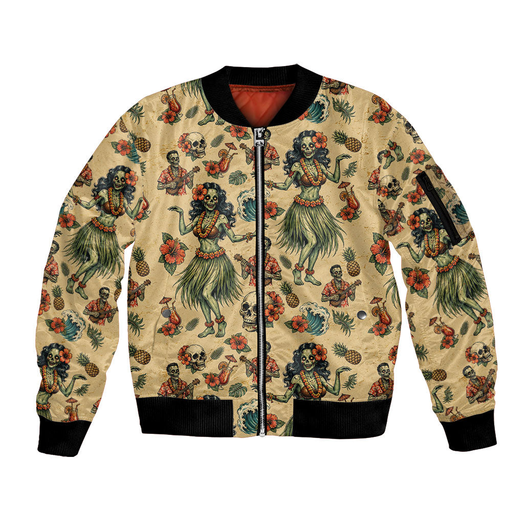 Hawaii Halloween Sleeve Zip Bomber Jacket Spooky Tropical Hula Zombie