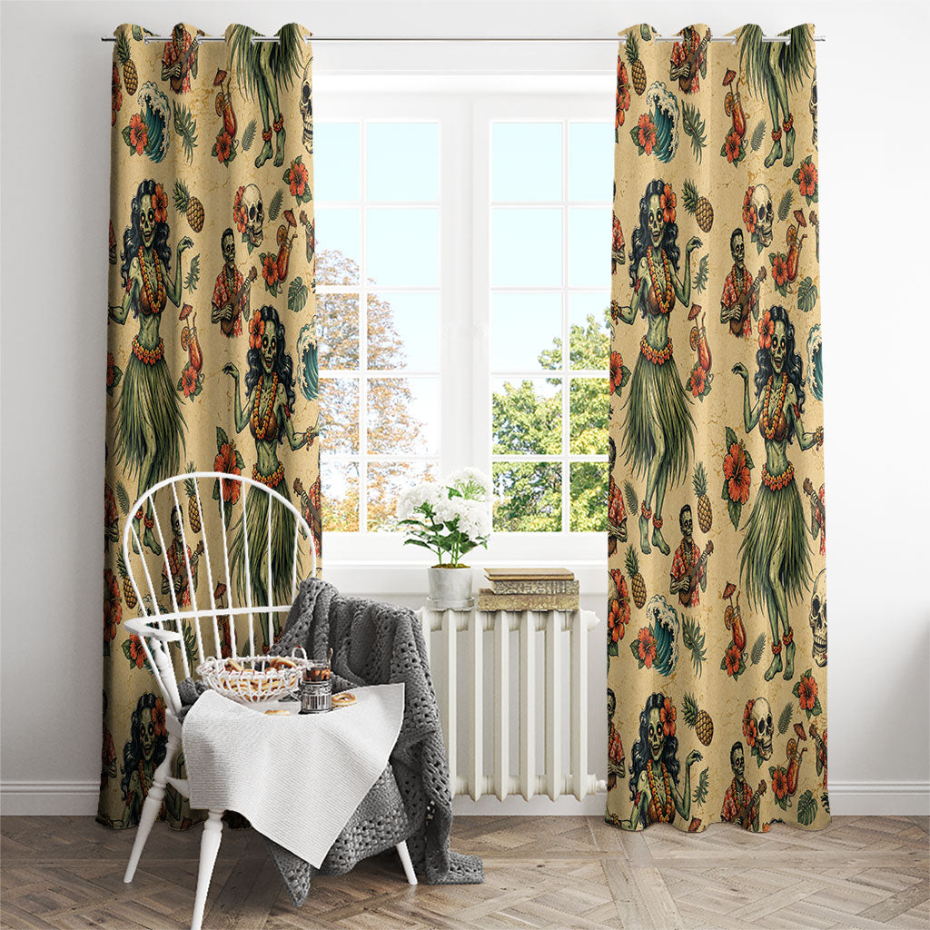 Hawaii Halloween Window Curtain Spooky Tropical Hula Zombie