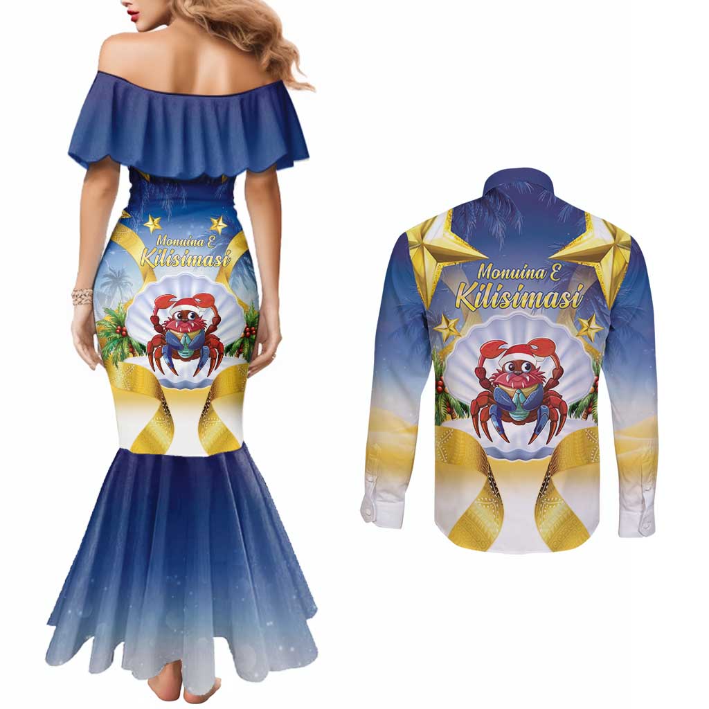 Niue Christmas Couples Matching Mermaid Dress and Long Sleeve Button Shirt Seashell Santa Beach Vibes - Polynesian Pride