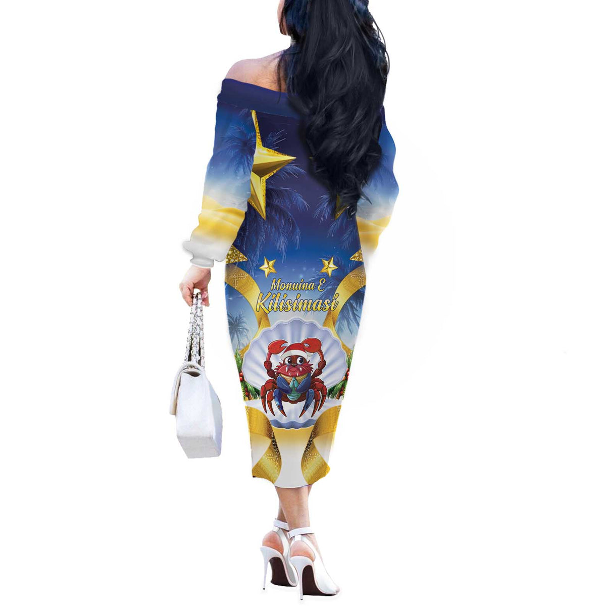 Niue Christmas Off The Shoulder Long Sleeve Dress Seashell Santa Beach Vibes - Polynesian Pride