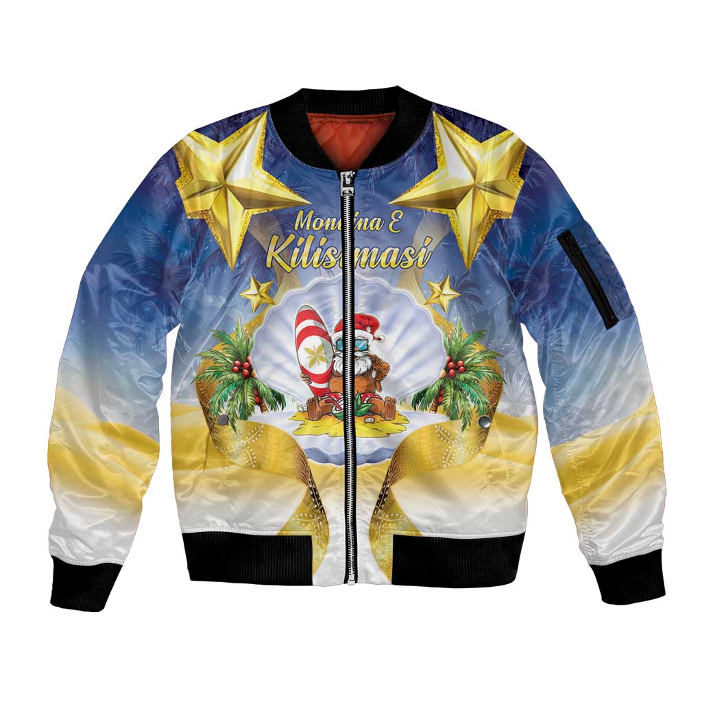 Niue Christmas Sleeve Zip Bomber Jacket Seashell Santa Beach Vibes - Polynesian Pride