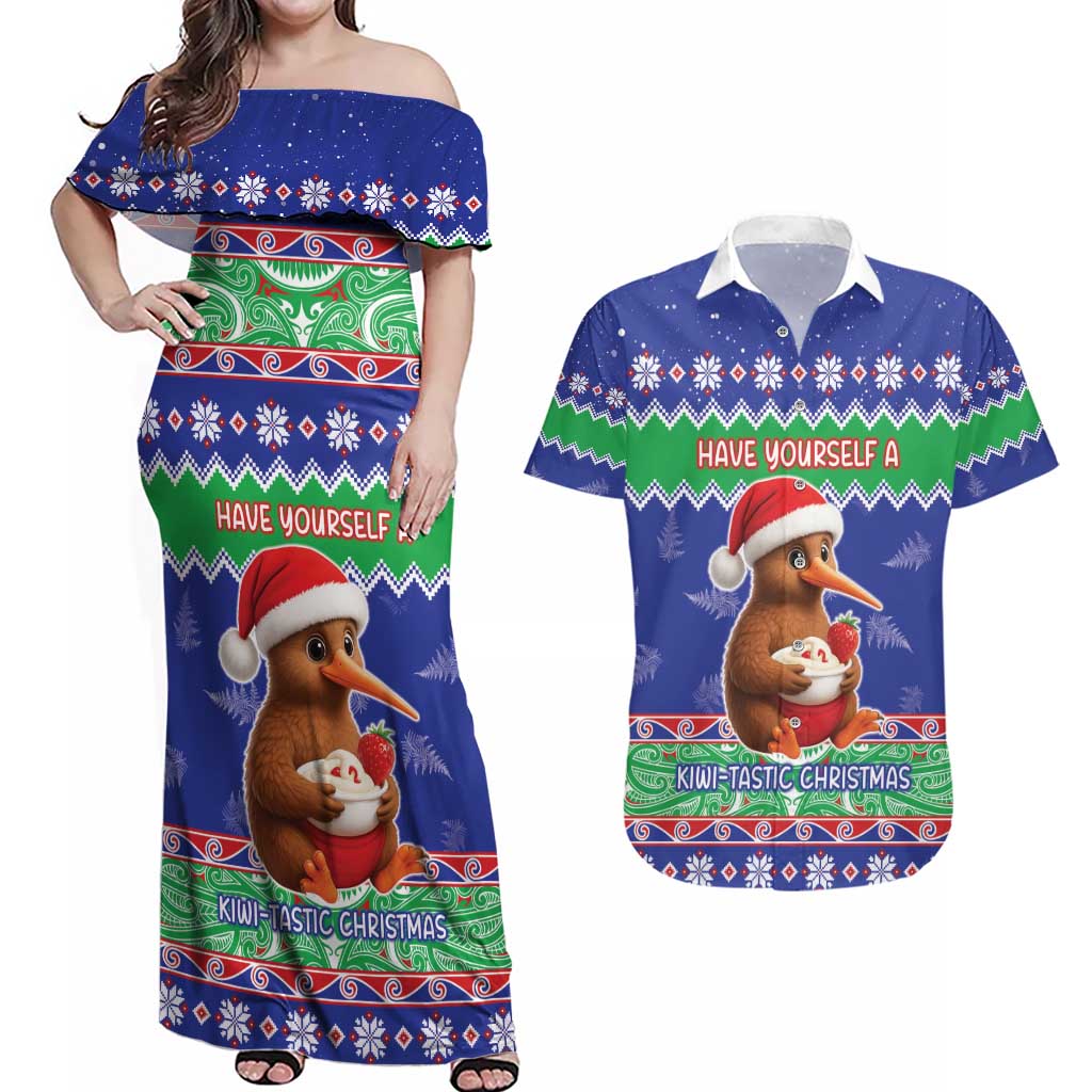 New Zealand Christmas Couples Matching Off Shoulder Maxi Dress and Hawaiian Shirt Have Yourself A Kiwi-tastic Christmas - Polynesian Pride