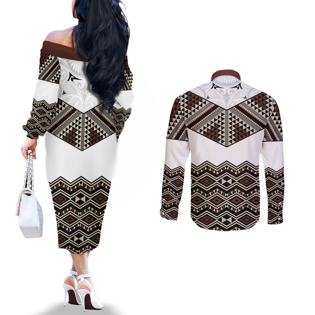 New Zealand Aotearoa Couples Matching Off The Shoulder Long Sleeve Dress and Long Sleeve Button Shirt Taniko Art Simple Style LT05 - Polynesian Pride