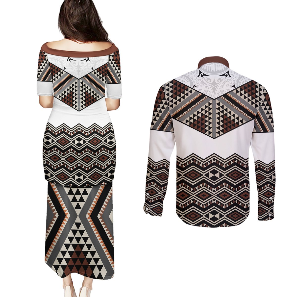 New Zealand Aotearoa Couples Matching Puletasi Dress and Long Sleeve Button Shirt Taniko Art Simple Style LT05 - Polynesian Pride