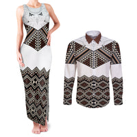 New Zealand Aotearoa Couples Matching Tank Maxi Dress and Long Sleeve Button Shirt Taniko Art Simple Style LT05 Brown - Polynesian Pride
