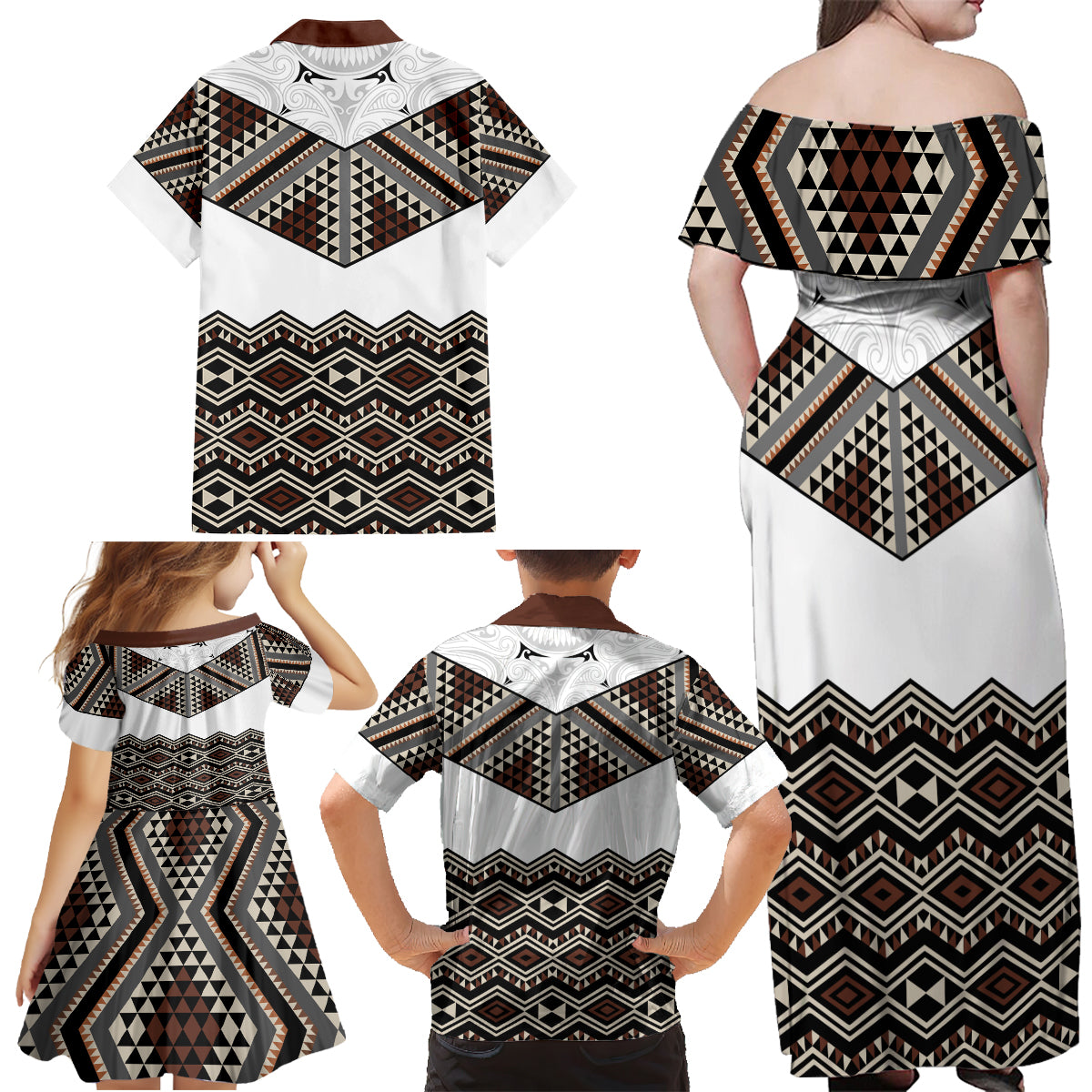 New Zealand Aotearoa Family Matching Off Shoulder Maxi Dress and Hawaiian Shirt Taniko Art Simple Style LT05 - Polynesian Pride