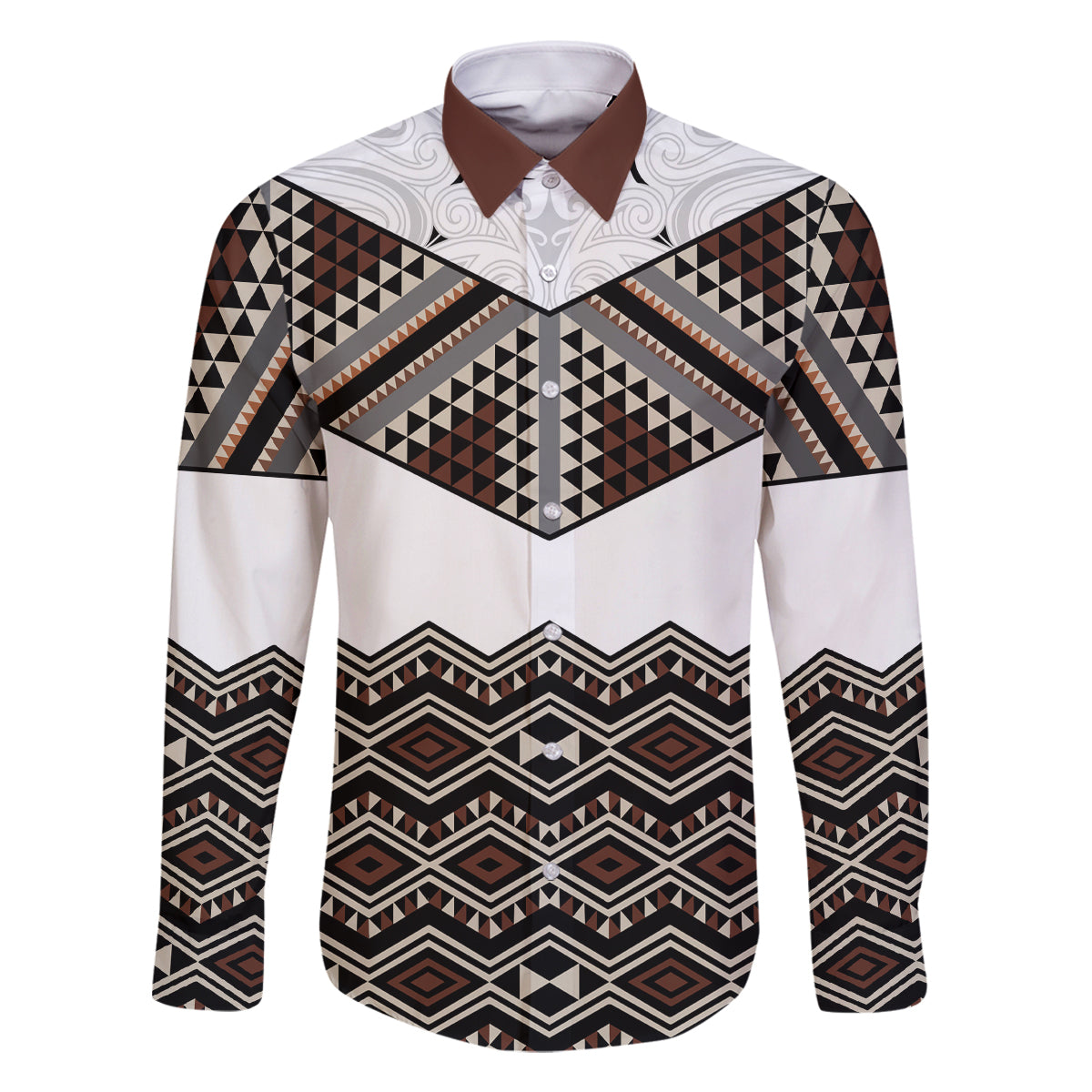 New Zealand Aotearoa Family Matching Off Shoulder Maxi Dress and Hawaiian Shirt Taniko Art Simple Style LT05 Dad's Shirt - Long Sleeve Brown - Polynesian Pride