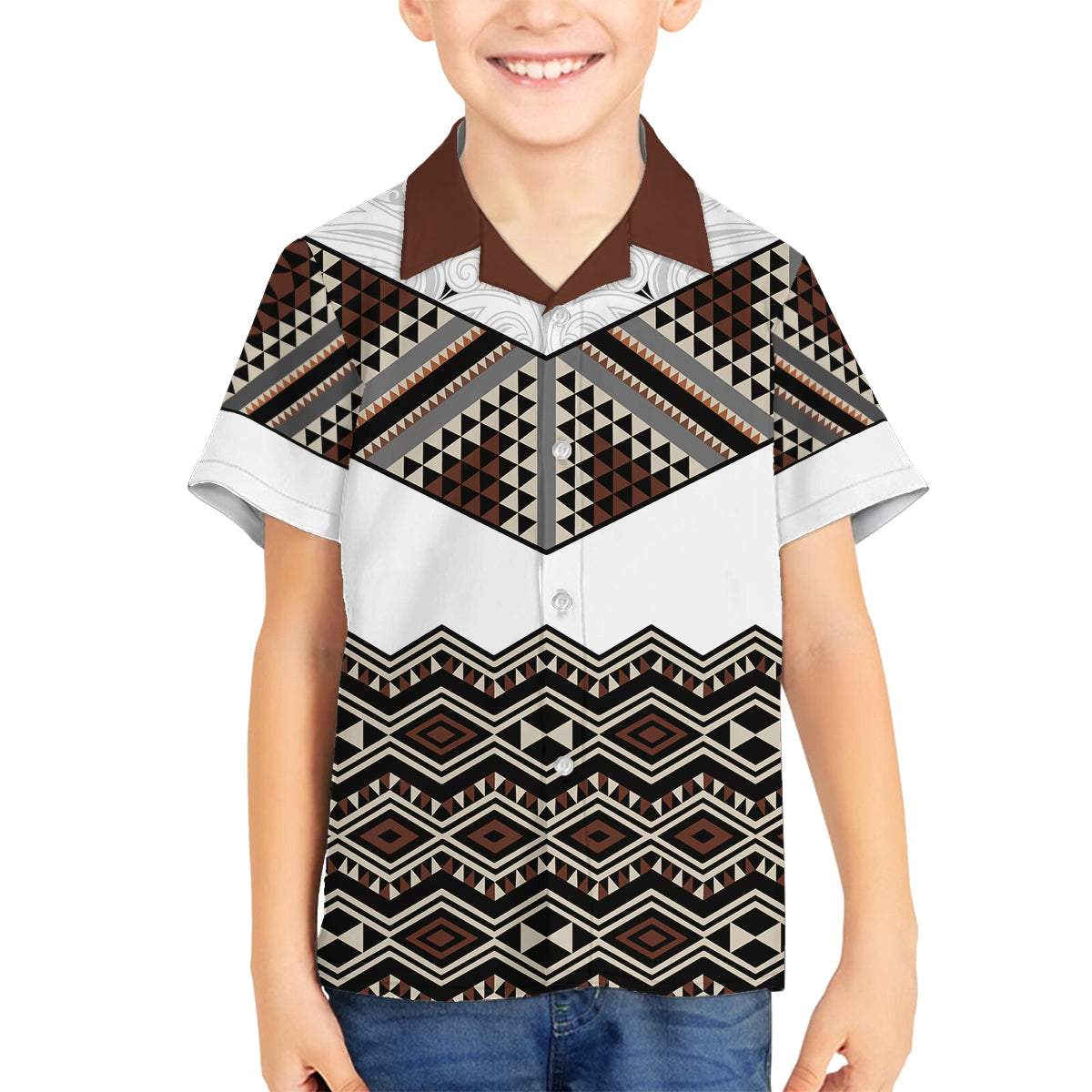 New Zealand Aotearoa Family Matching Off Shoulder Short Dress and Hawaiian Shirt Taniko Art Simple Style LT05 Son's Shirt Brown - Polynesian Pride