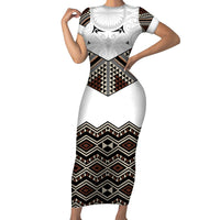 New Zealand Aotearoa Family Matching Short Sleeve Bodycon Dress and Hawaiian Shirt Taniko Art Simple Style LT05 Mom's Dress Brown - Polynesian Pride