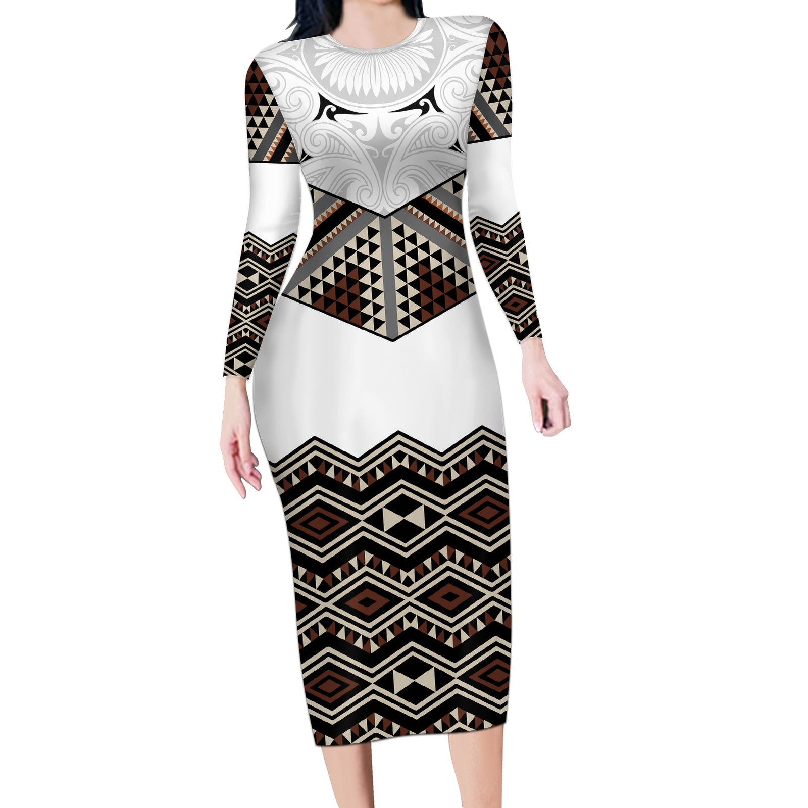 New Zealand Aotearoa Long Sleeve Bodycon Dress Taniko Art Simple Style LT05 Long Dress Brown - Polynesian Pride