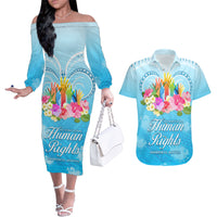 Universal Human Rights Month Couples Matching Off The Shoulder Long Sleeve Dress and Hawaiian Shirt Polynesian Style LT05 Blue - Polynesian Pride