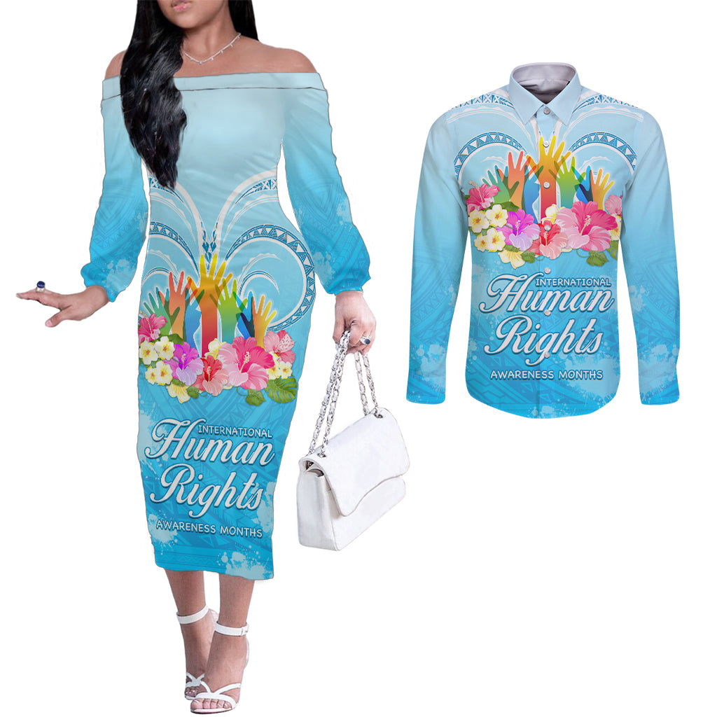 Universal Human Rights Month Couples Matching Off The Shoulder Long Sleeve Dress and Long Sleeve Button Shirt Polynesian Style LT05 Blue - Polynesian Pride