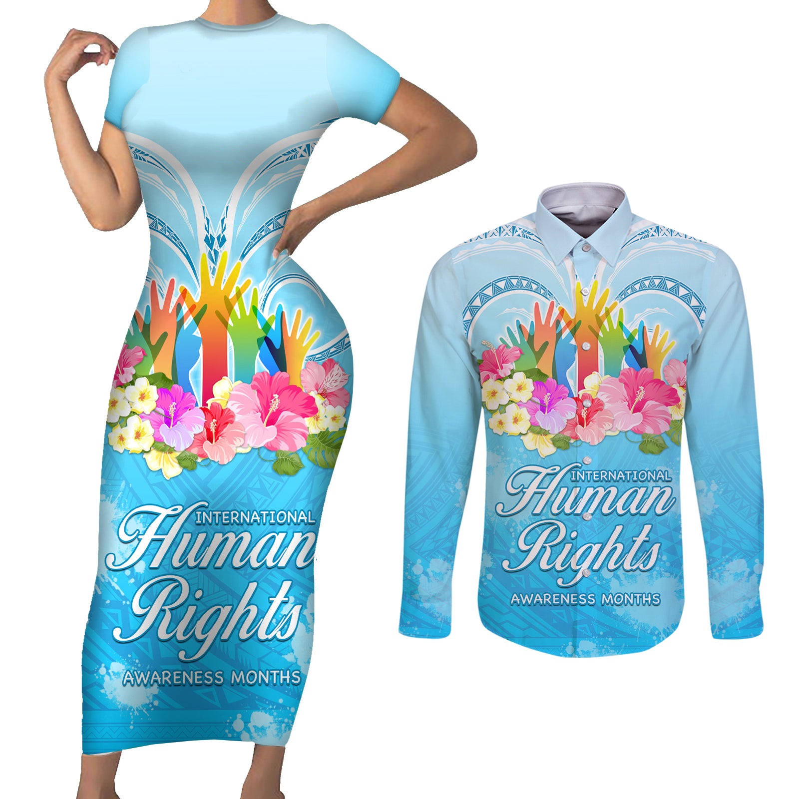 Universal Human Rights Month Couples Matching Short Sleeve Bodycon Dress and Long Sleeve Button Shirt Polynesian Style LT05 Blue - Polynesian Pride