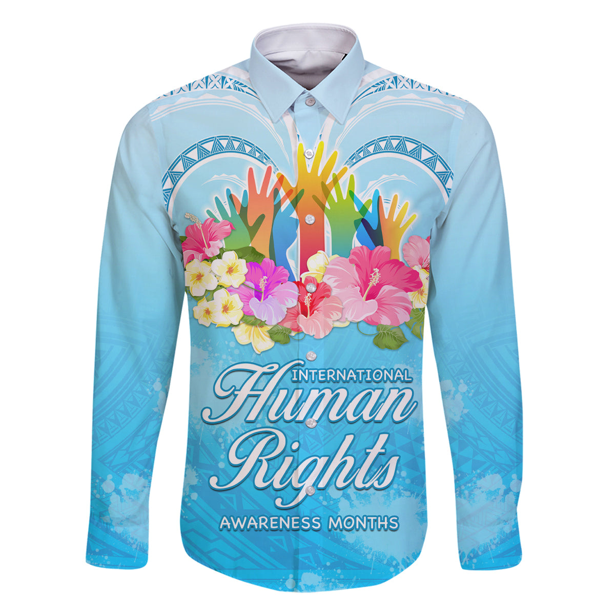 Universal Human Rights Month Family Matching Off Shoulder Maxi Dress and Hawaiian Shirt Polynesian Style LT05 Dad's Shirt - Long Sleeve Blue - Polynesian Pride