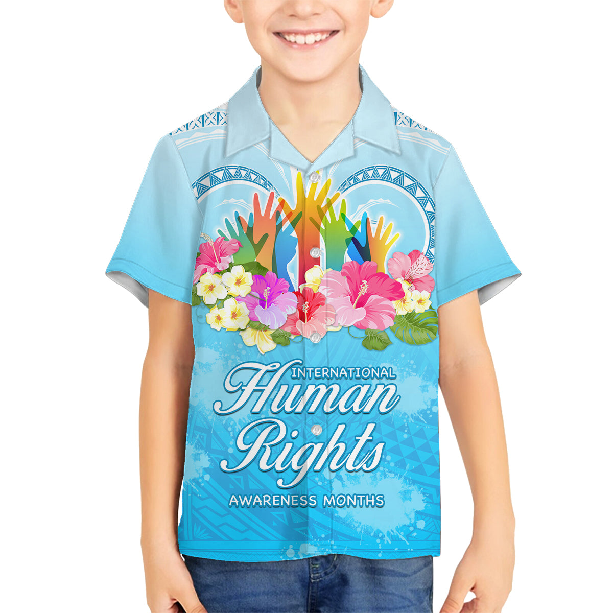 Universal Human Rights Month Family Matching Off Shoulder Maxi Dress and Hawaiian Shirt Polynesian Style LT05 Son's Shirt Blue - Polynesian Pride