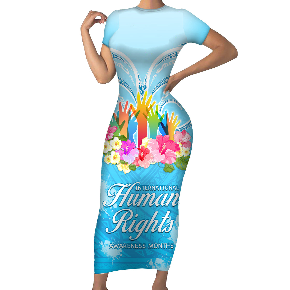 Universal Human Rights Month Family Matching Short Sleeve Bodycon Dress and Hawaiian Shirt Polynesian Style LT05 Mom's Dress Blue - Polynesian Pride
