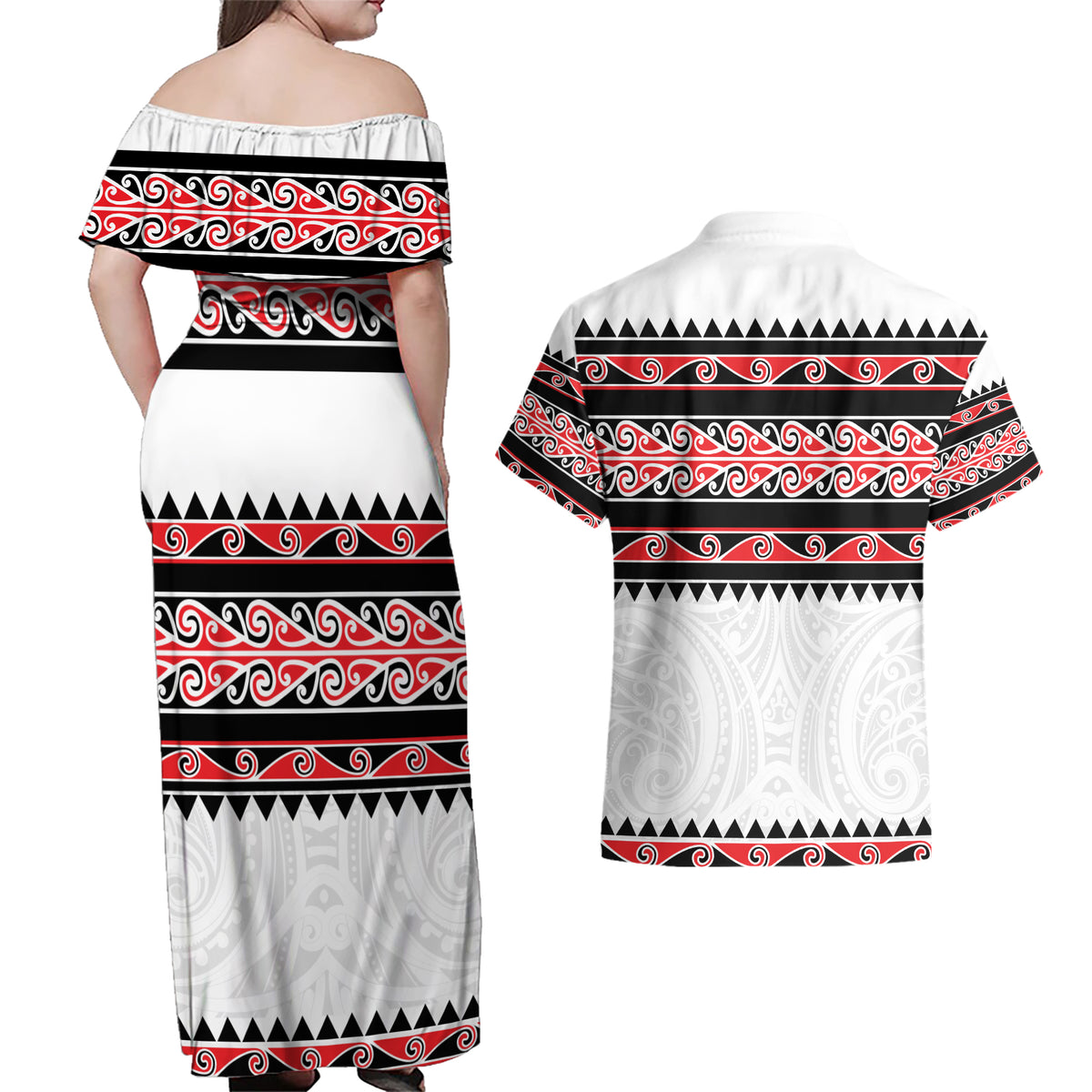 New Zealand Aotearoa Couples Matching Off Shoulder Maxi Dress and Hawaiian Shirt With Kowhaiwhai Pattern Red Version LT05 - Polynesian Pride