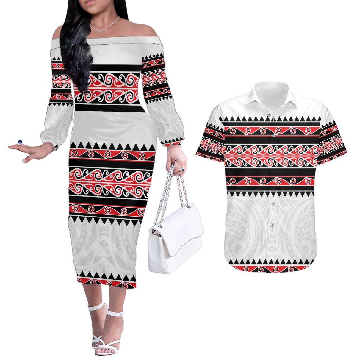 New Zealand Aotearoa Couples Matching Off The Shoulder Long Sleeve Dress and Hawaiian Shirt With Kowhaiwhai Pattern Red Version LT05 Red - Polynesian Pride