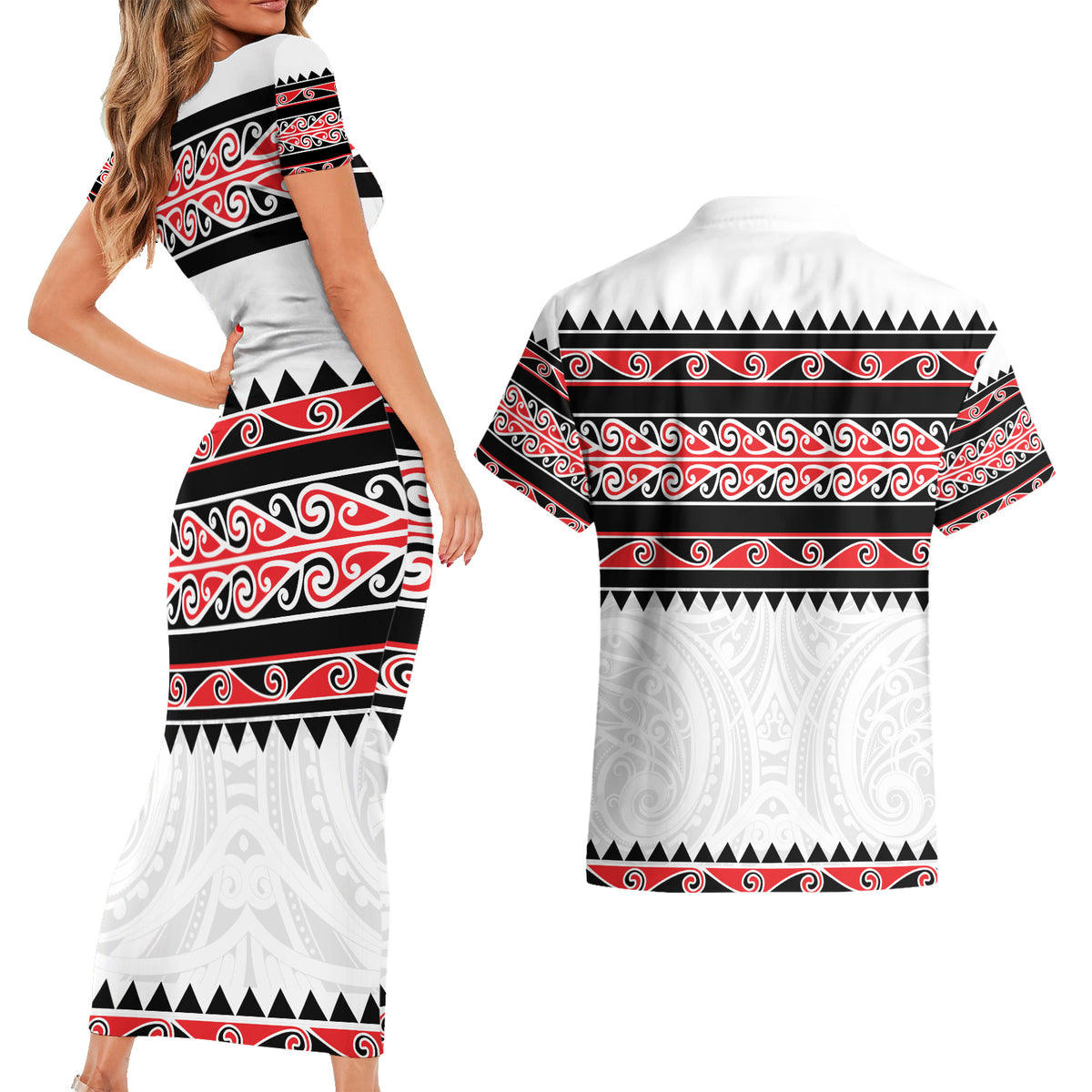 New Zealand Aotearoa Couples Matching Short Sleeve Bodycon Dress and Hawaiian Shirt With Kowhaiwhai Pattern Red Version LT05 - Polynesian Pride