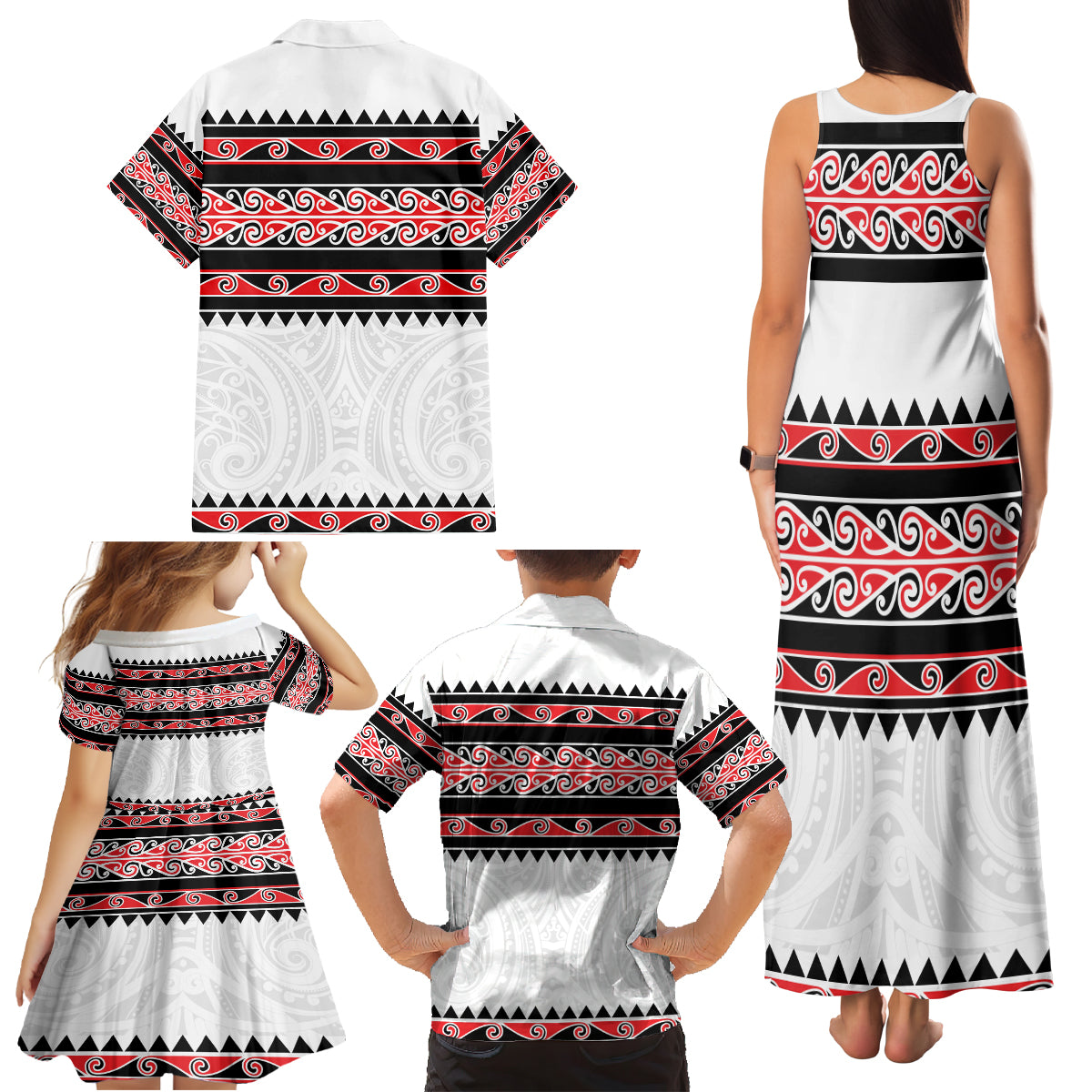 New Zealand Aotearoa Family Matching Tank Maxi Dress and Hawaiian Shirt With Kowhaiwhai Pattern Red Version LT05 - Polynesian Pride