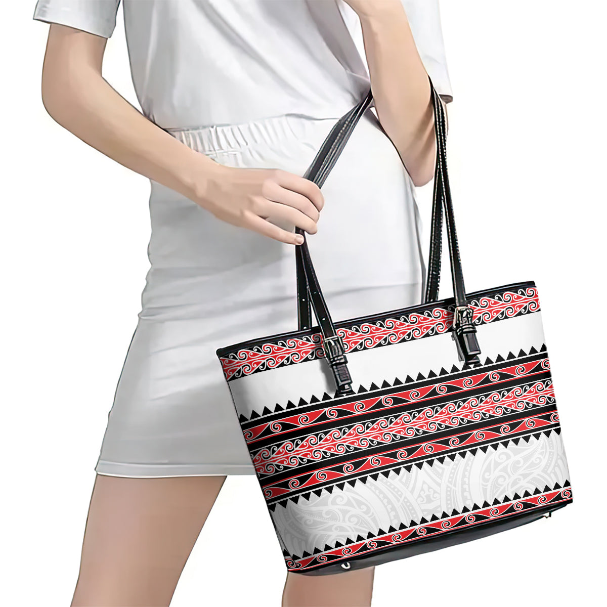 New Zealand Aotearoa Leather Tote Bag With Kowhaiwhai Pattern Red Version LT05 - Polynesian Pride