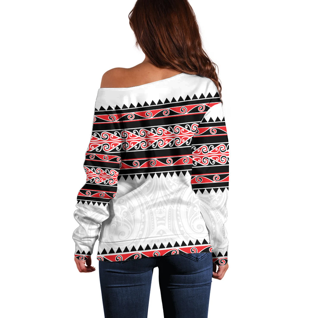 New Zealand Aotearoa Off Shoulder Sweater With Kowhaiwhai Pattern Red Version LT05 - Polynesian Pride