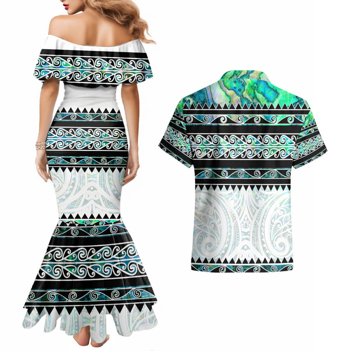 New Zealand Aotearoa Couples Matching Mermaid Dress and Hawaiian Shirt With Paua Shell Kowhaiwhai Pattern LT05 - Polynesian Pride