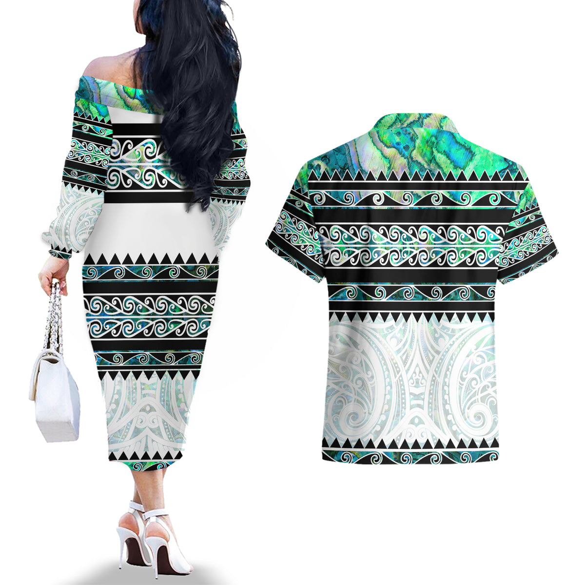 New Zealand Aotearoa Couples Matching Off The Shoulder Long Sleeve Dress and Hawaiian Shirt With Paua Shell Kowhaiwhai Pattern LT05 - Polynesian Pride
