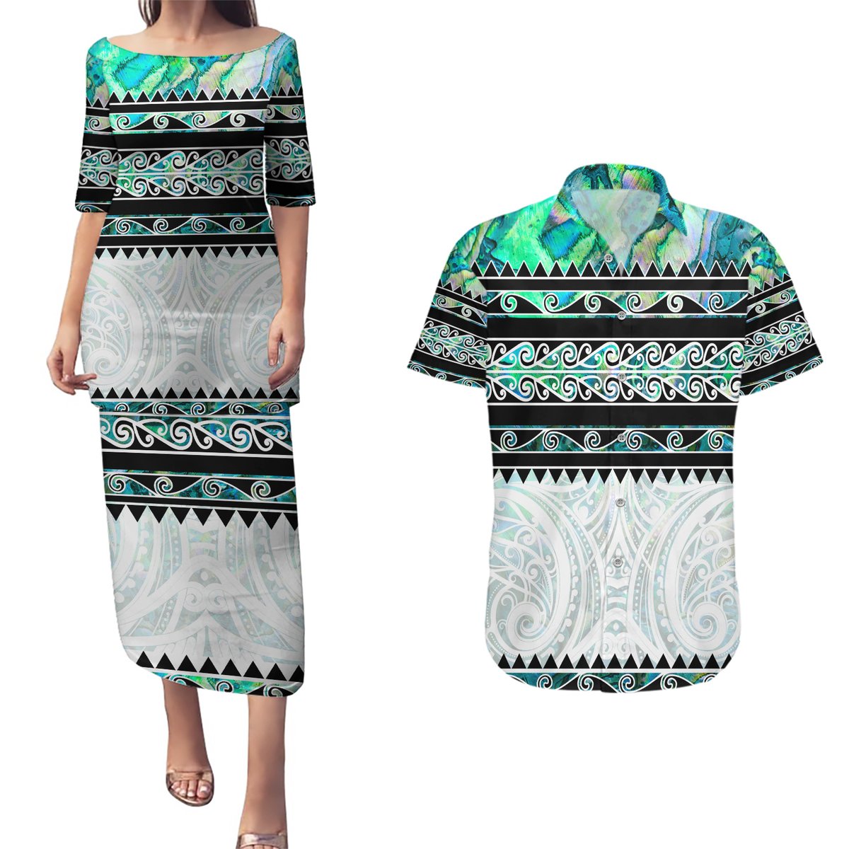 New Zealand Aotearoa Couples Matching Puletasi Dress and Hawaiian Shirt With Paua Shell Kowhaiwhai Pattern LT05 Green - Polynesian Pride