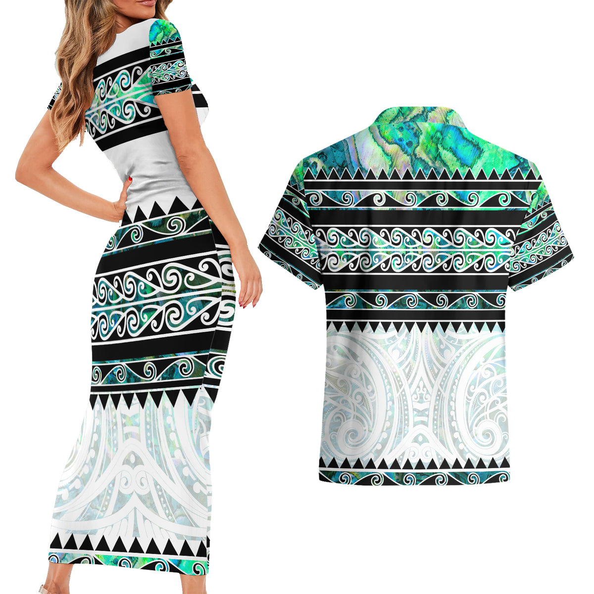 New Zealand Aotearoa Couples Matching Short Sleeve Bodycon Dress and Hawaiian Shirt With Paua Shell Kowhaiwhai Pattern LT05 - Polynesian Pride