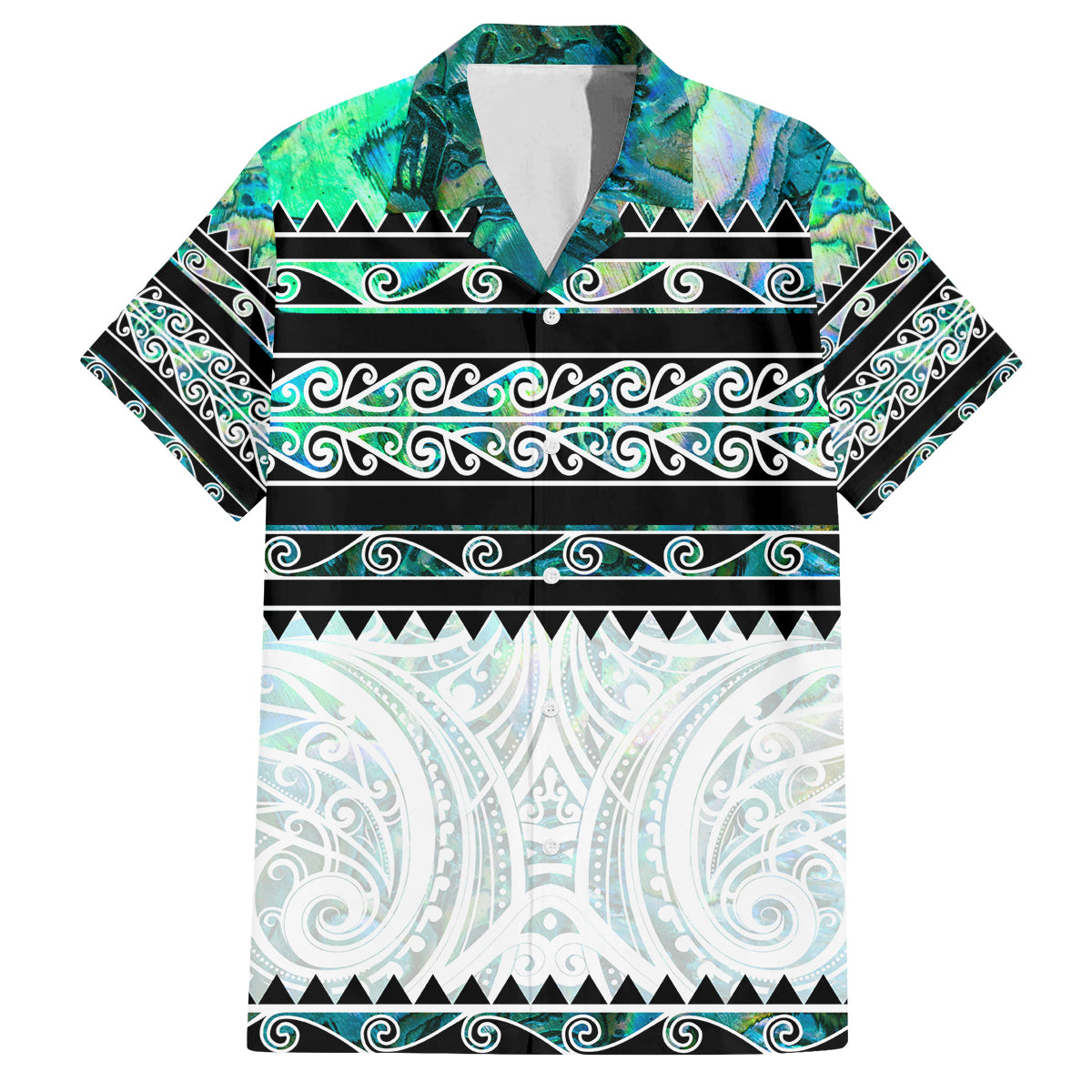 New Zealand Aotearoa Family Matching Off Shoulder Long Sleeve Dress and Hawaiian Shirt With Paua Shell Kowhaiwhai Pattern LT05 Dad's Shirt - Short Sleeve Green - Polynesian Pride