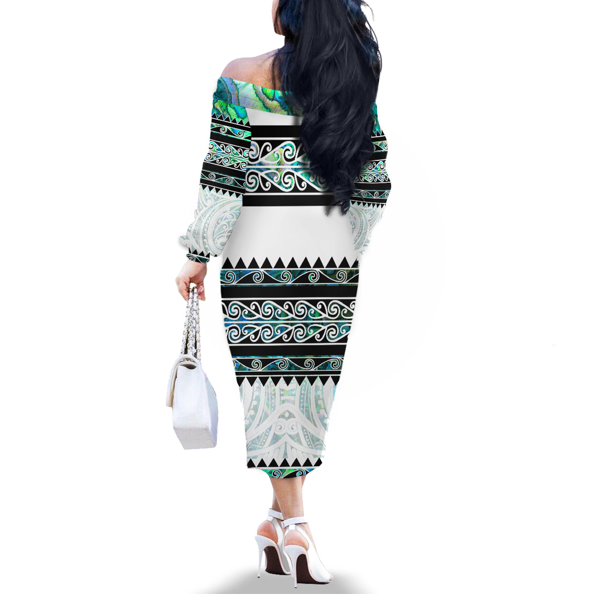 New Zealand Aotearoa Family Matching Off Shoulder Long Sleeve Dress and Hawaiian Shirt With Paua Shell Kowhaiwhai Pattern LT05 - Polynesian Pride