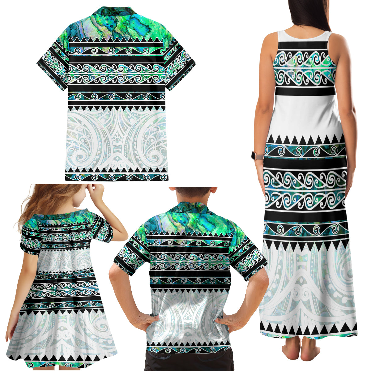 New Zealand Aotearoa Family Matching Tank Maxi Dress and Hawaiian Shirt With Paua Shell Kowhaiwhai Pattern LT05 - Polynesian Pride