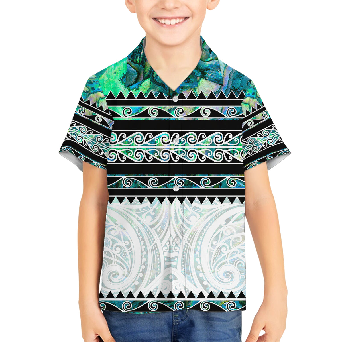 New Zealand Aotearoa Family Matching Tank Maxi Dress and Hawaiian Shirt With Paua Shell Kowhaiwhai Pattern LT05 Son's Shirt Green - Polynesian Pride