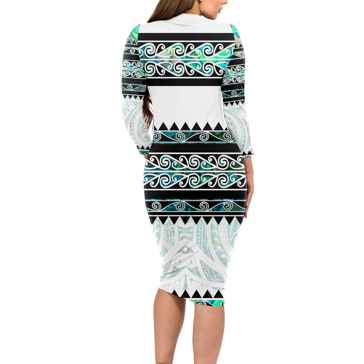New Zealand Aotearoa Long Sleeve Bodycon Dress With Paua Shell Kowhaiwhai Pattern LT05 - Polynesian Pride