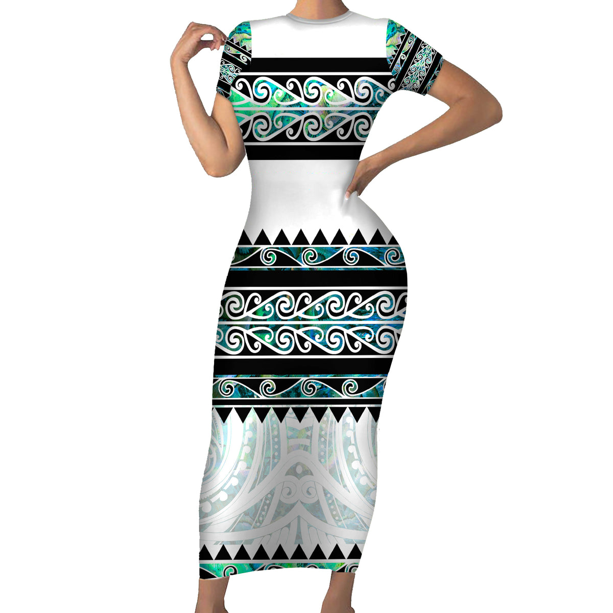 New Zealand Aotearoa Short Sleeve Bodycon Dress With Paua Shell Kowhaiwhai Pattern LT05 Long Dress Green - Polynesian Pride