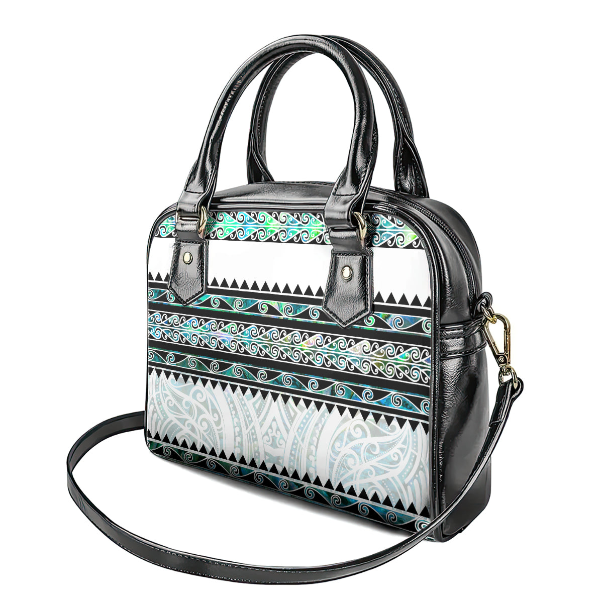 New Zealand Aotearoa Shoulder Handbag With Paua Shell Kowhaiwhai Pattern LT05 - Polynesian Pride