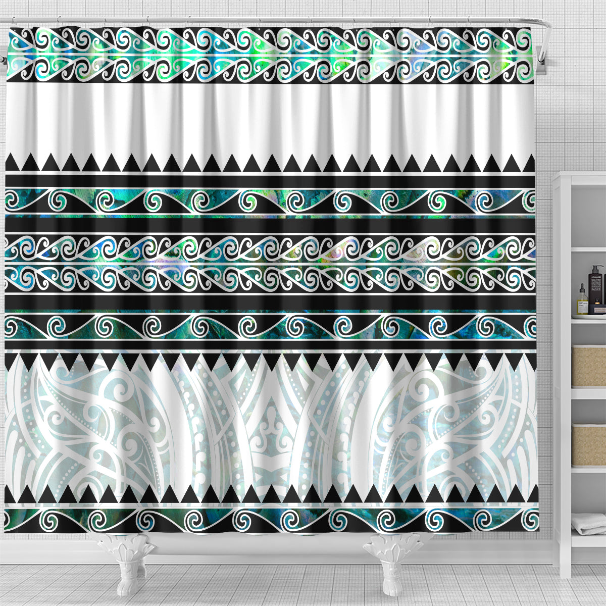 New Zealand Aotearoa Shower Curtain With Paua Shell Kowhaiwhai Pattern LT05 - Polynesian Pride