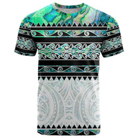 New Zealand Aotearoa T Shirt With Paua Shell Kowhaiwhai Pattern LT05 Green - Polynesian Pride