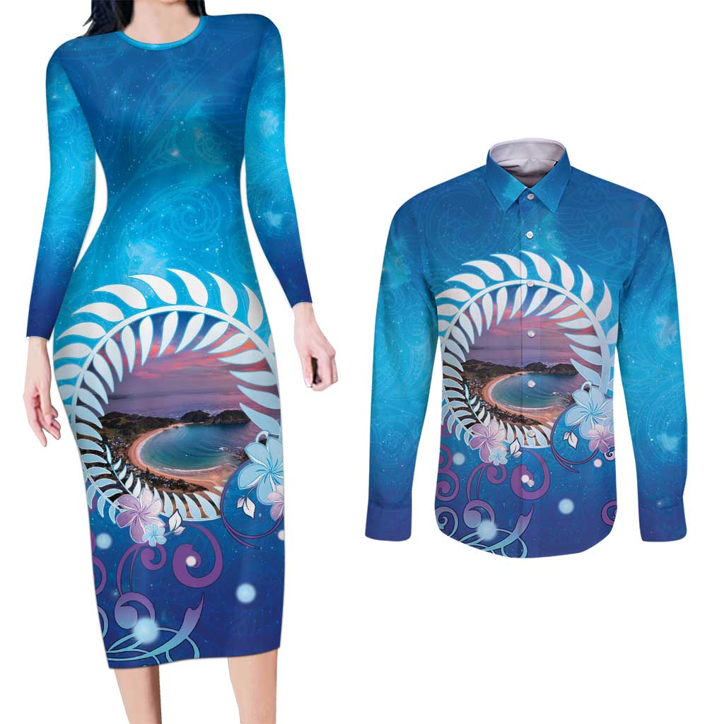 New Zealand Matapouri Beach Landscape Couples Matching Long Sleeve Bodycon Dress and Long Sleeve Button Shirt LT05 Blue - Polynesian Pride