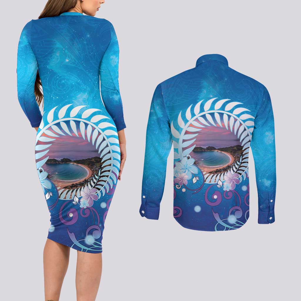 New Zealand Matapouri Beach Landscape Couples Matching Long Sleeve Bodycon Dress and Long Sleeve Button Shirt