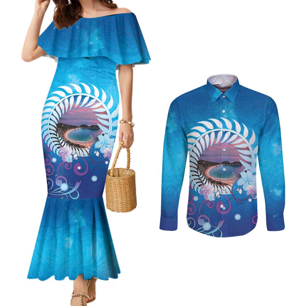 New Zealand Matapouri Beach Landscape Couples Matching Mermaid Dress and Long Sleeve Button Shirt LT05 Blue - Polynesian Pride