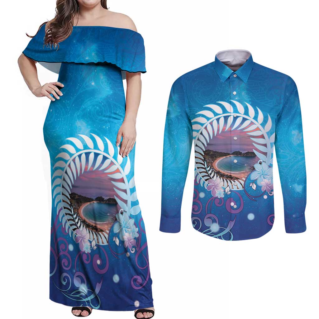 New Zealand Matapouri Beach Landscape Couples Matching Off Shoulder Maxi Dress and Long Sleeve Button Shirt LT05 Blue - Polynesian Pride