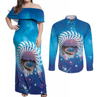 New Zealand Matapouri Beach Landscape Couples Matching Off Shoulder Maxi Dress and Long Sleeve Button Shirt