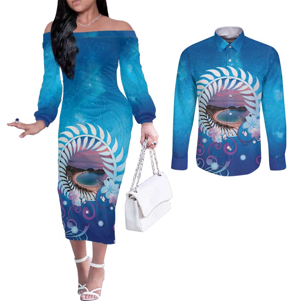 New Zealand Matapouri Beach Landscape Couples Matching Off The Shoulder Long Sleeve Dress and Long Sleeve Button Shirt LT05 Blue - Polynesian Pride