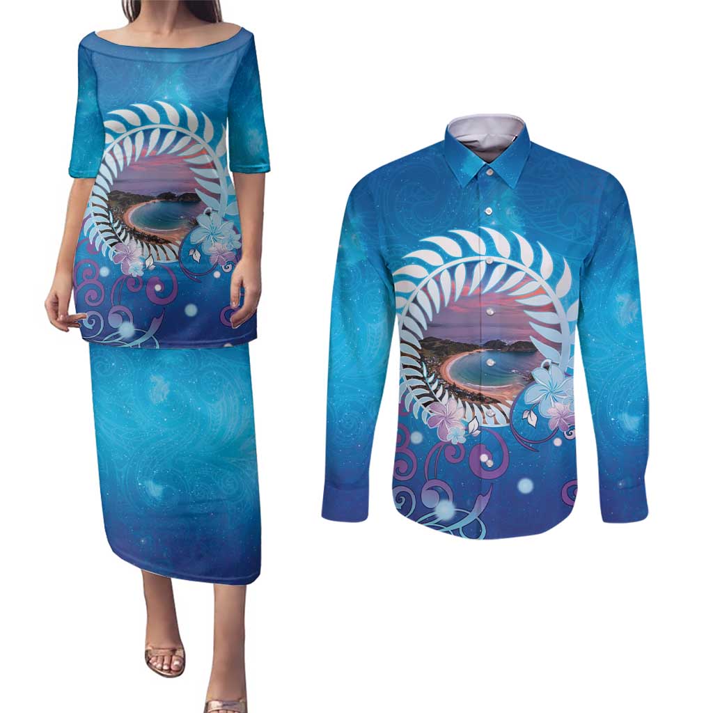 New Zealand Matapouri Beach Landscape Couples Matching Puletasi and Long Sleeve Button Shirt LT05 Blue - Polynesian Pride